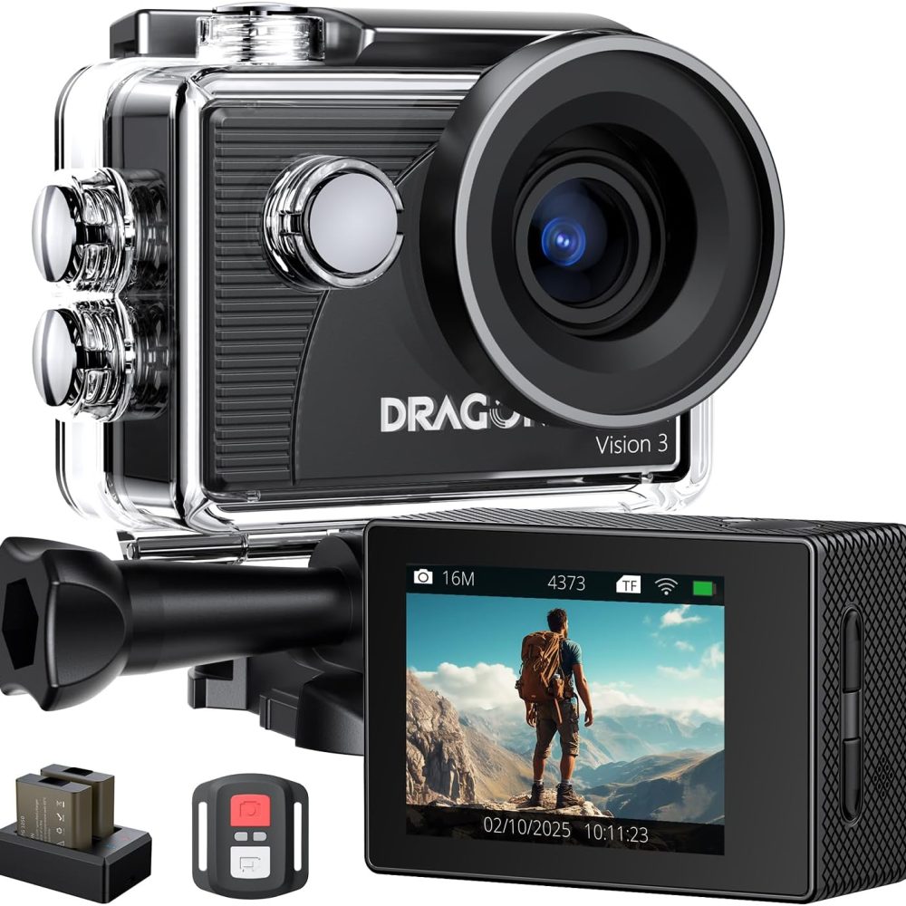 Dragon Touch 4K Action Camera 20MP Vision 3 Underwater Waterproof Camera 170° Wide Angle WiFi Sports Cam with Remote 2 Batteries and Mounting Accessories Kit