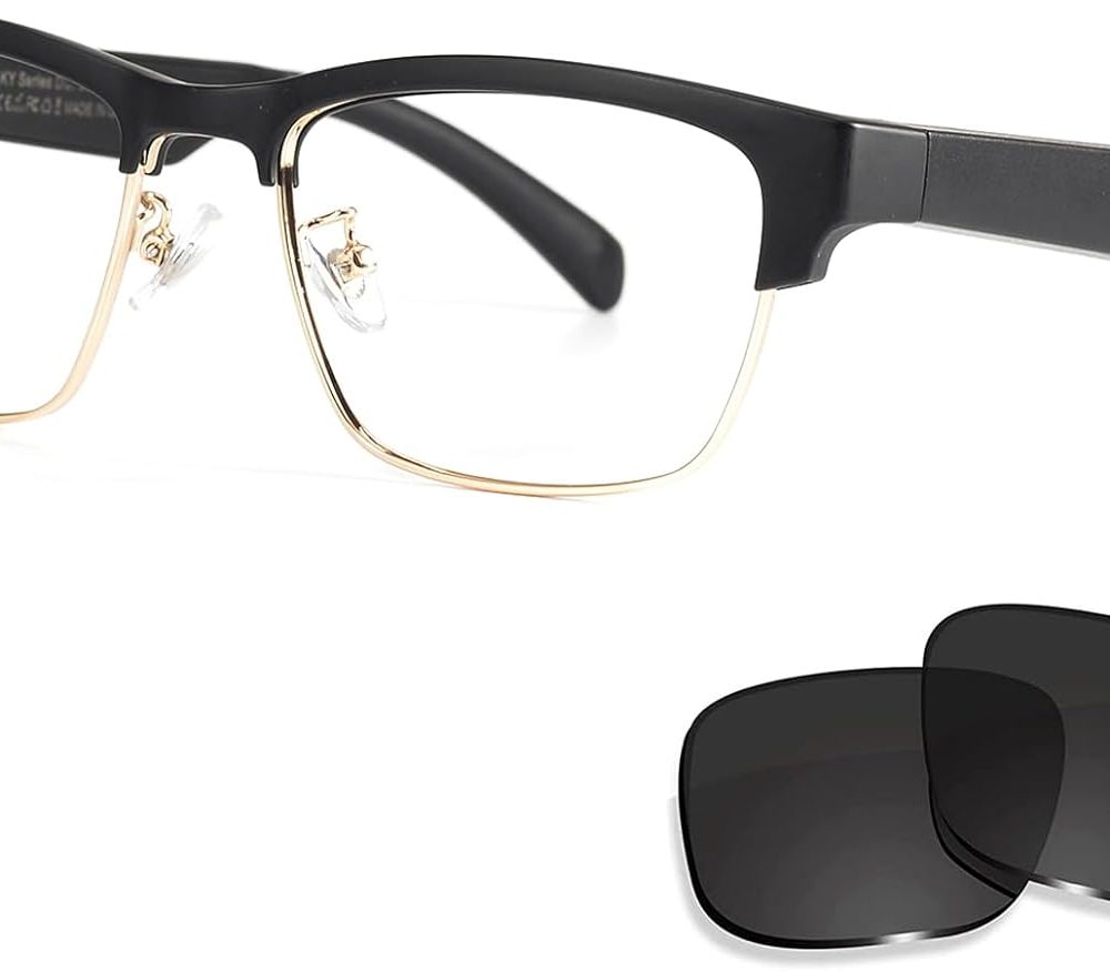 Smart Glasses Bluetooth Audio Glasses for Men Women with Built-in Mic & Speakers, Blue Light Filter & Polarized Sunglasses Lenses, Voice Assistant, Open Ear Music & HD Calling (Black Gold)