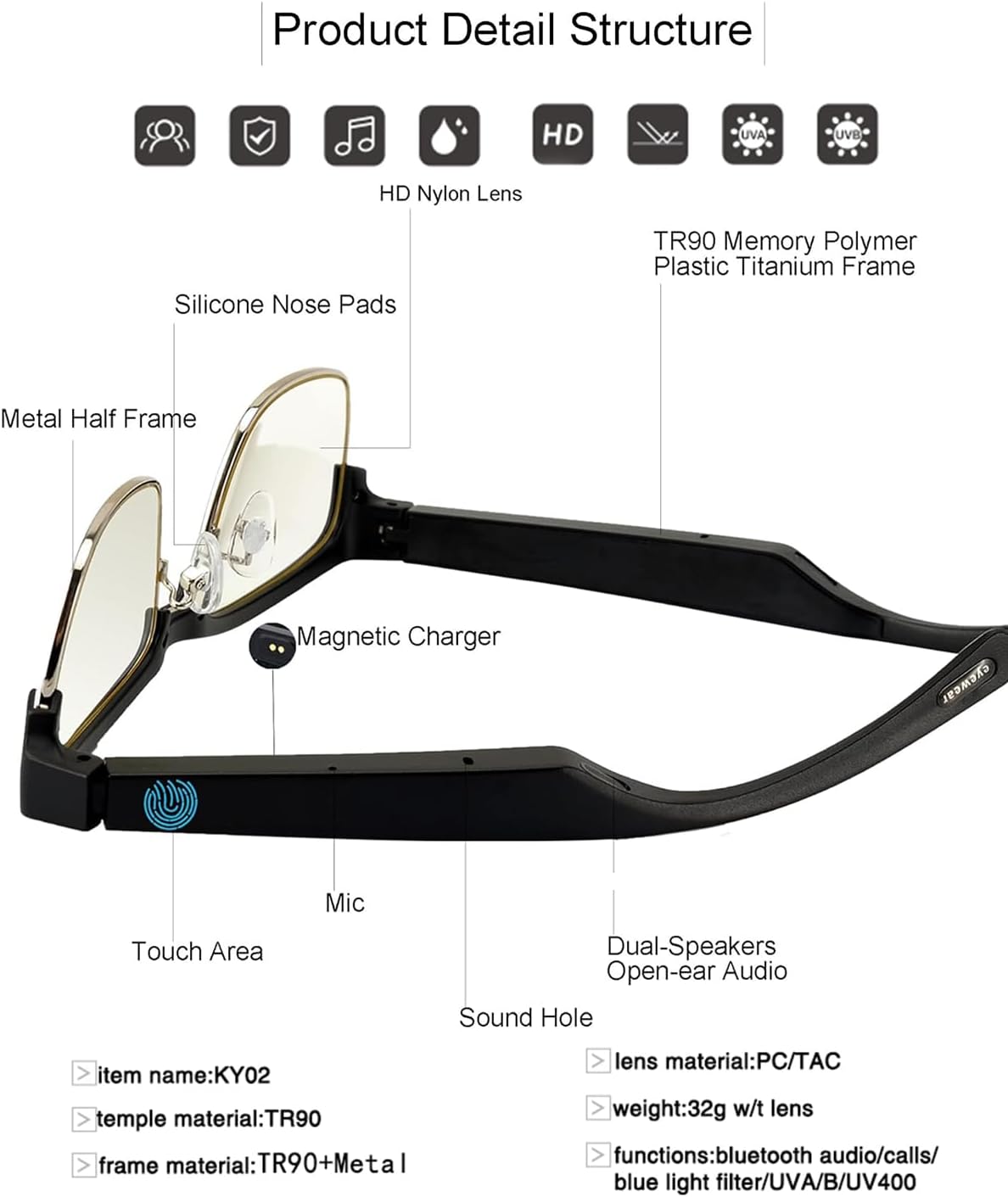 Smart Glasses Bluetooth Audio Glasses for Men Women with Built-in Mic & Speakers, Blue Light Filter & Polarized Sunglasses Lenses, Voice Assistant, Open Ear Music & HD Calling (Black Gold) - Image 6