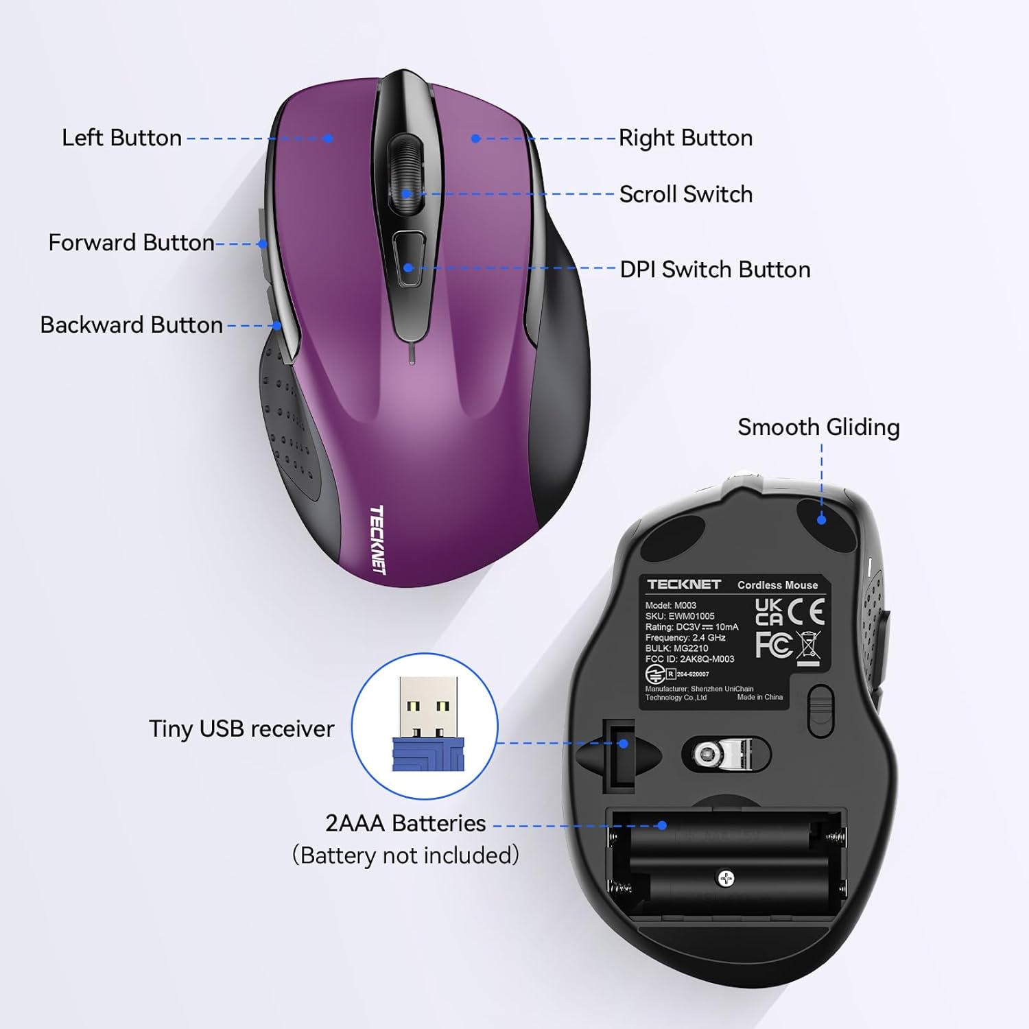 TECKNET Wireless Mouse, 2.4G Ergonomic Optical Mouse, Computer Mouse for Laptop, PC, Computer, Chromebook, Notebook, 6 Buttons, 24 Months Battery Life, 2600 DPI, 5 Adjustment Levels - Image 5