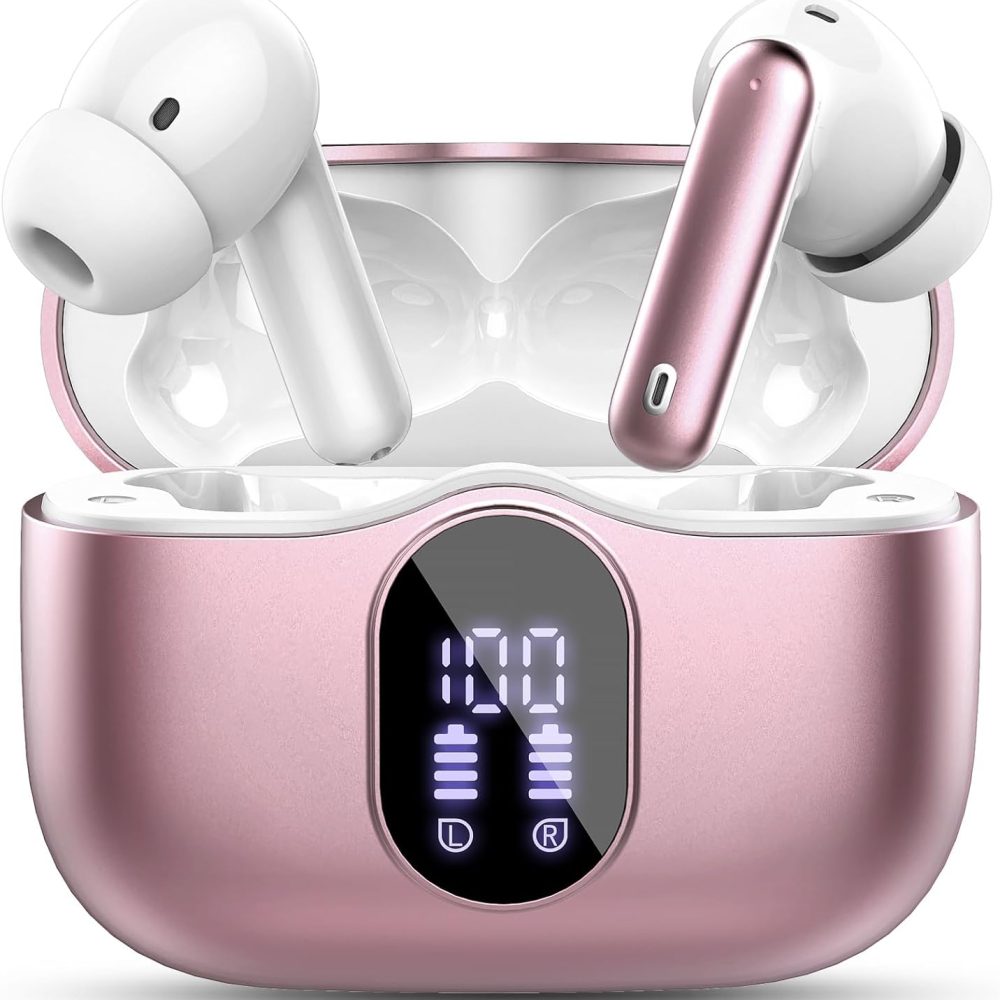 Wireless Earbuds Bluetooth 5.4 Headphones Bass Stereo Ear Buds with Noise Cancelling Mic LED Display in Ear Earphones IP7 Waterproof 36H Playtime for Laptop Pad Phones Sports Workout Rose Gold