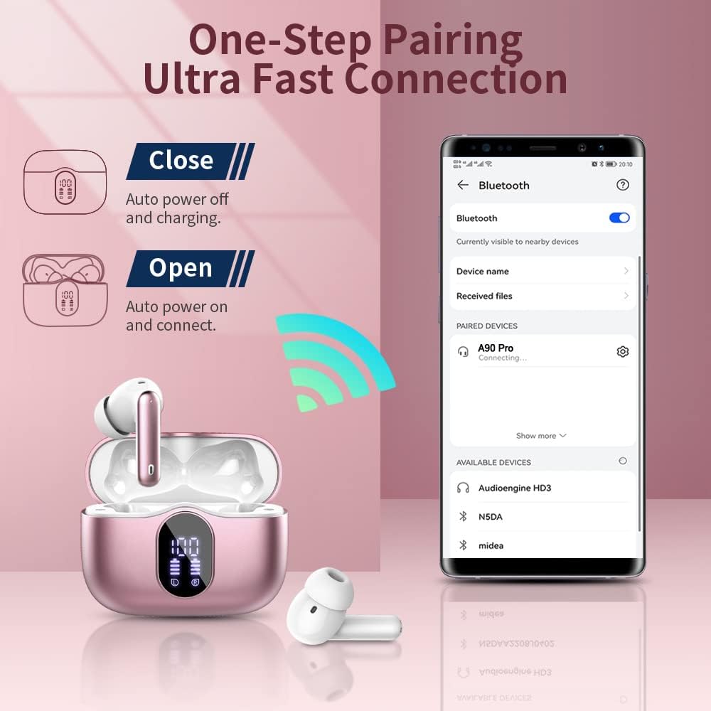 Wireless Earbuds, Bluetooth 5.4 Headphones HiFi Stereo, in Ear Earphones with 4 ENC Noise Cancelling Mics, 40H Playback Ear Buds with Mini Case, IP7 Waterproof Headset with LED Display, USB C Charging - Image 5